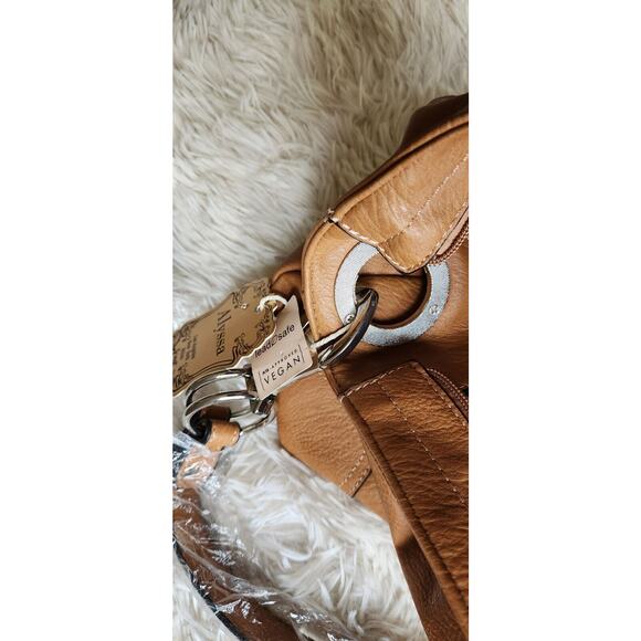Alyssa Vegan Bucket Handbag 15x11x4” 3 Section Zip Closure Camel Tan 9" Drop - Picture 5 of 7